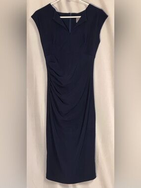 Diva Catwalk Navy Blue Ruched Sheath Dress Classic Preppy Corporate Academia